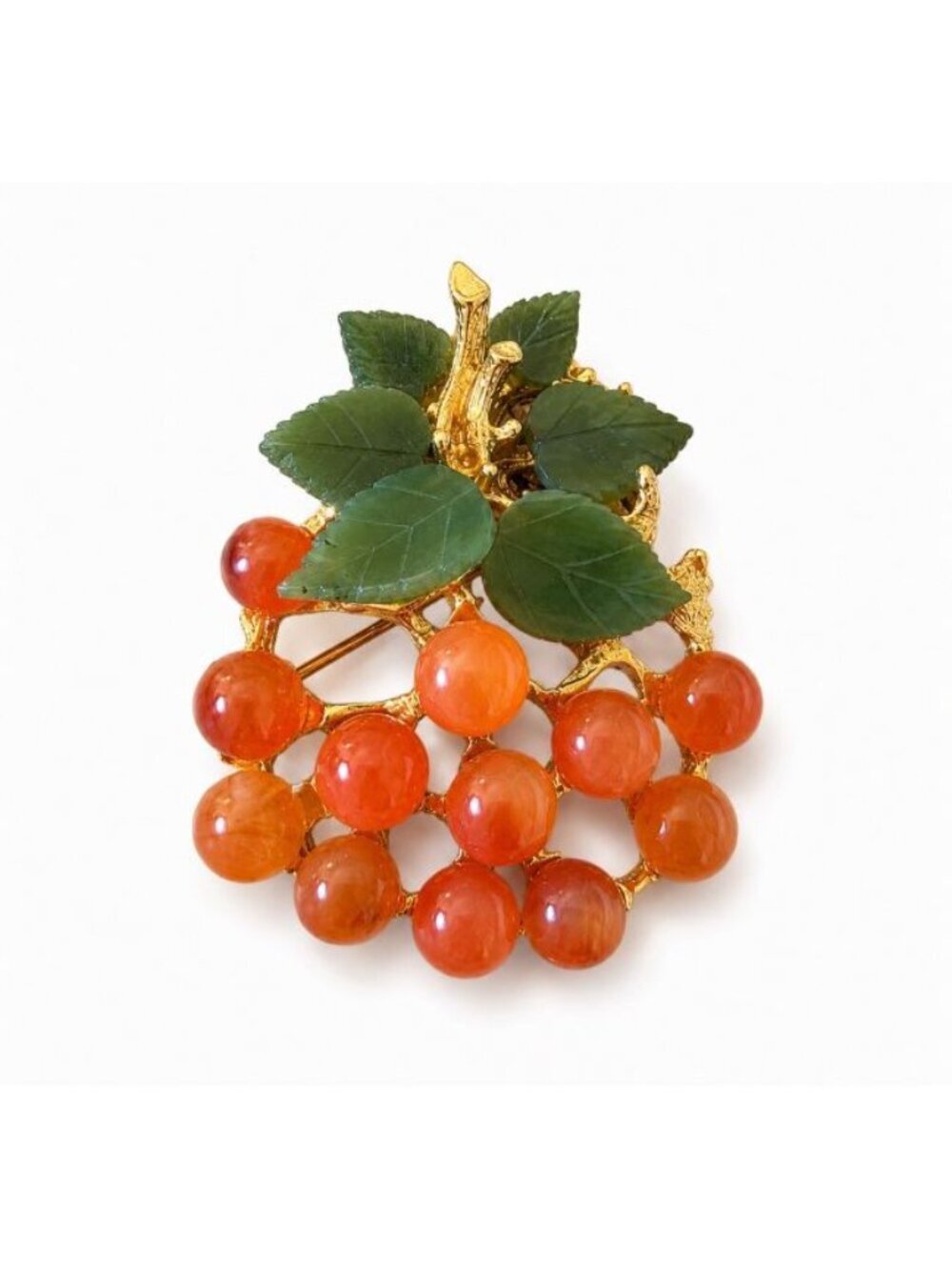 Vintage Swoboda Signed Jade Carnelian Grape Cluster Brooch Pin Gold Tone
